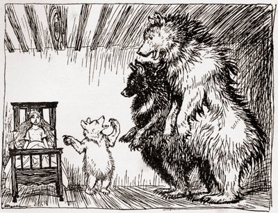 Somebody has been lying in my bed, and here she is, illustration to Goldilocks and the Three Bears, from English Fairy Tales Retold by F.A. Steel, 1927 by Arthur Rackham